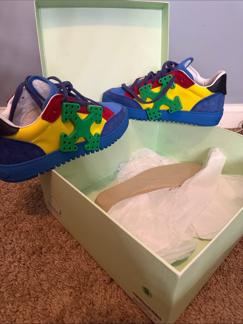 Off white color block  Sneakers in Blue, Yellow & Red